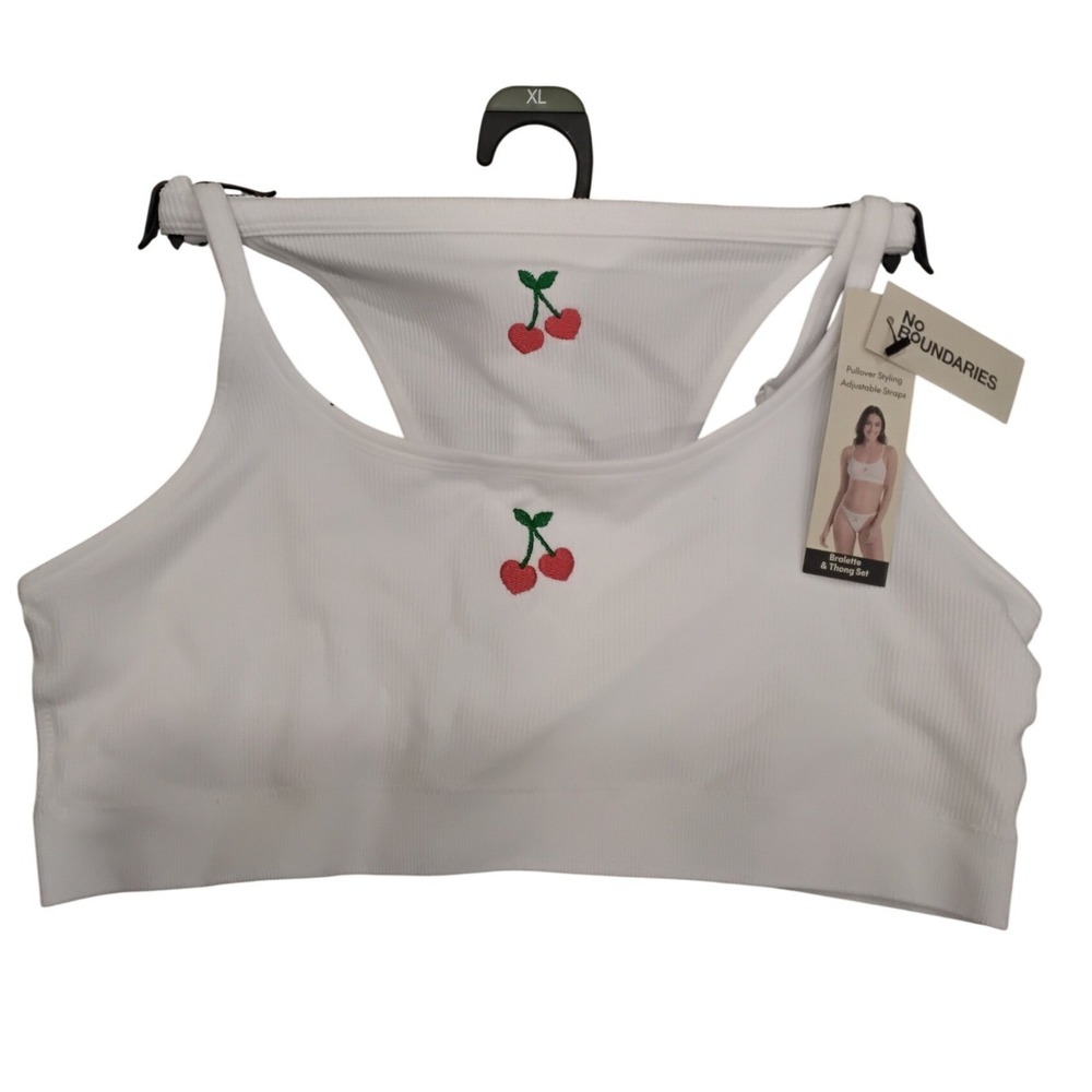 No Boundaries White Ribbed Bralette and Thong Set Cherry Embroidery‎ XL NWT
